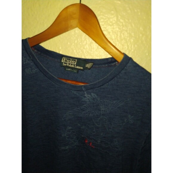 Vintage Polo Ralph Lauren Indigo Blue T Shirt Pocket Koi Fish Crane Size XL rrl - Picture 4 of 7
